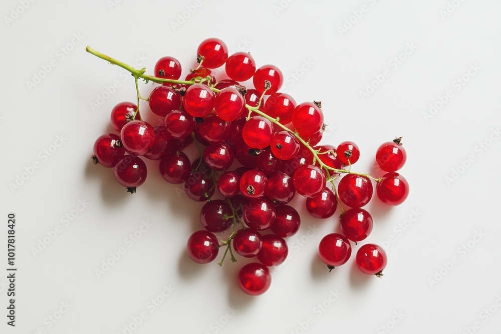 A vibrant cluster of red currants resting on a clean white surface in natural light A vibrant cluster of red currants resting on a clean white surface in natural light