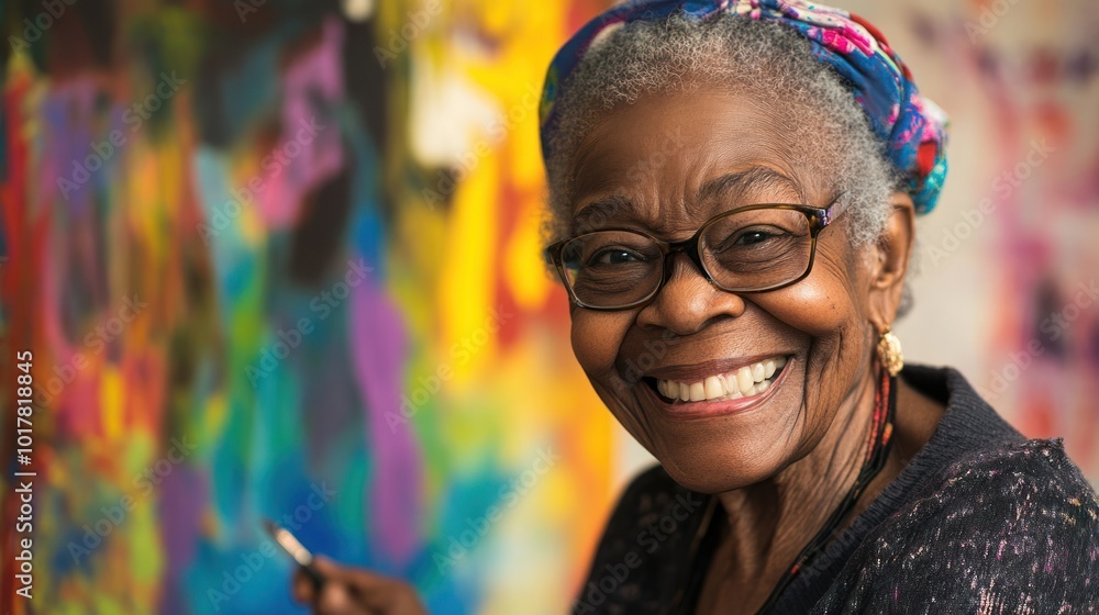 Senior smiling in a creative art project, showcasing their engagement in artistic expression, with an emphasis on creativity and fulfillment. Senior smiling in a creative art project, showcasing their engagement in artistic expression, with an emphasis on creativity and fulfillment.