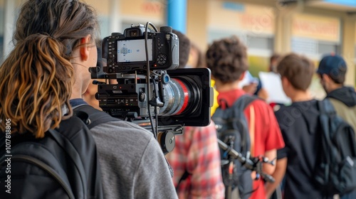 Creative Youth High School Students Collaborating on Film Project with Professional Camera Equipment BehindtheScenes Shot Capturing Artistic Vision and Teamwork in Action