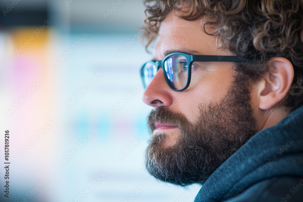 mid aged male data scientist, glasses, beard, in a hoodie, analyzing code on a laptop. Blurred background with lines of code on a whiteboard