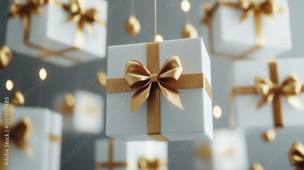 A white box with a gold bow is suspended in the air among other white boxes A white box with a gold bow is suspended in the air among other white boxes