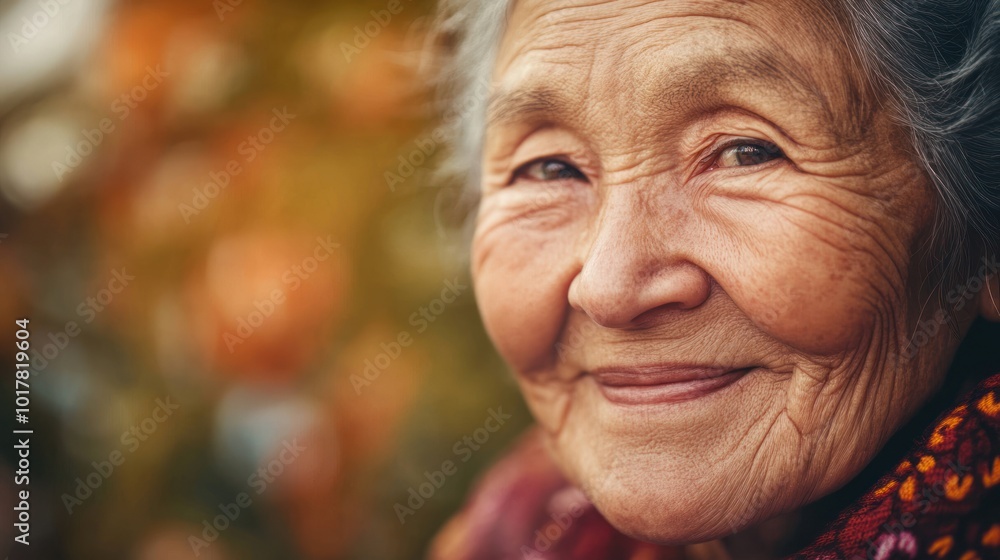 Senior with a serene, peaceful smile, radiating calmness and inner peace, possibly in a quiet, reflective moment.