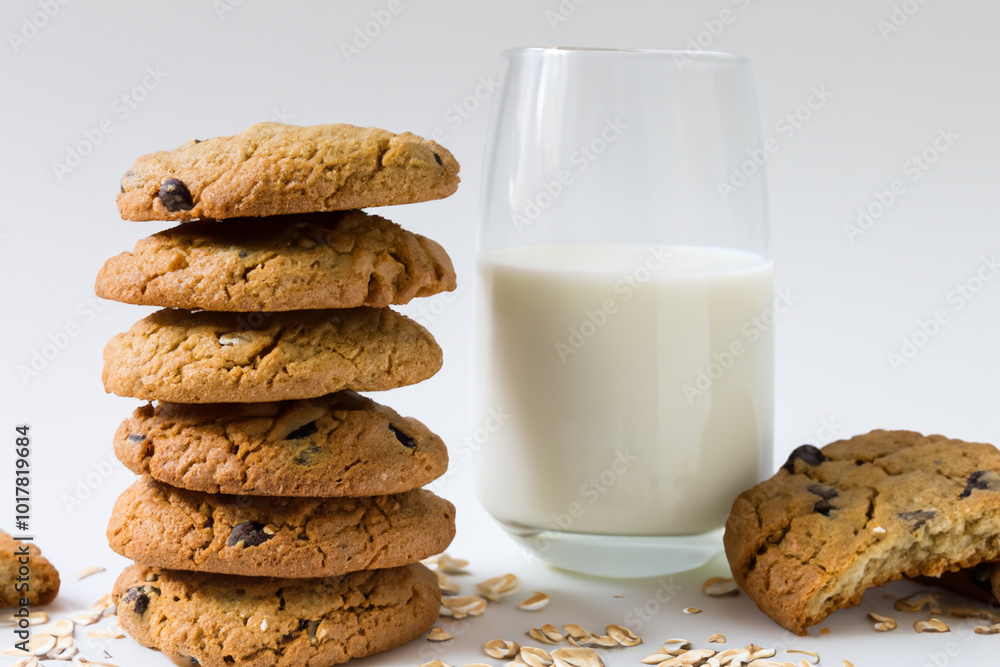 White and milk cookies on. food sweet dessert concept. stack of oatmeal cookies on a white with a glass of milk. a stack of oatmeal and cookies on a white with lifestyle glasses of milk.