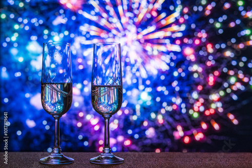 Photography A Pair Of Champagne Glasses With Fireworks In The Background, Signifying Celebration And Luxury For Special Moments Like New Year's Eve, Weddings, And Events
