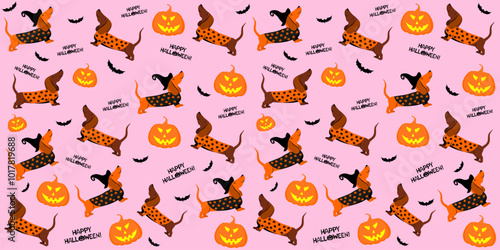 Halloween seamless background with dachshund dog, bats and pumpkin. Good for textile fabric design, wrapping paper, website wallpapers, textile, wallpaper and apparel. Vector illustration