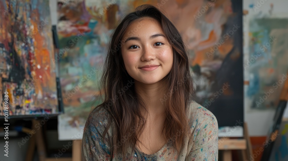 Senior with an artistic background, radiating creativity and depth, with vibrant artwork or a creative setting in the frame. Senior with an artistic background, radiating creativity and depth, with vibrant artwork or a creative setting in the frame.