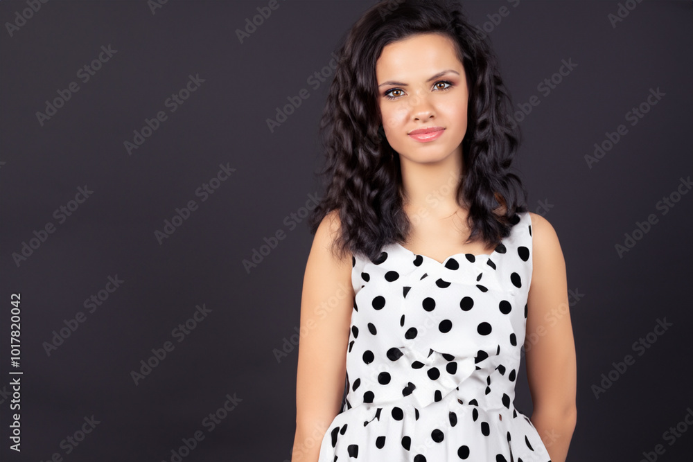 Girl in and white dresses on . beautiful fashion model concept. girl in a dress with polka dots standing on a white . a girl in and white dress with polka dots standing on a white lifestyle. Girl in and white dresses on . beautiful fashion model concept. girl in a dress with polka dots standing on a white . a girl in and white dress with polka dots standing on a white lifestyle.