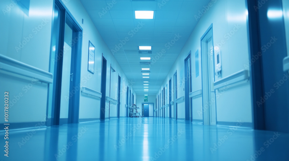 Fototapeta premium A long hallway with blue walls and blue floors