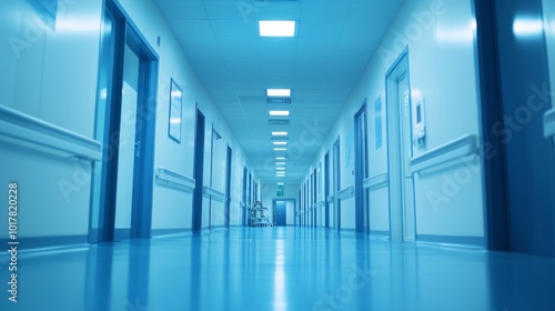 A long hallway with blue walls and blue floors