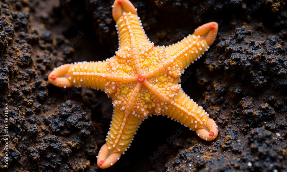 a starfish with yellow dots on its nose and a white speckled starfish on the bottom. a starfish with yellow dots on its nose and a white speckled starfish on the bottom.