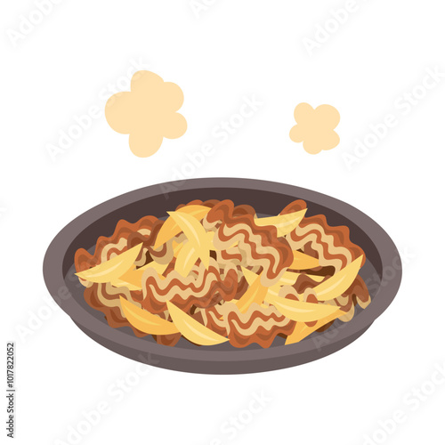 十和田バラ焼き。フラットなベクターイラスト。
Sautéed beef and onion dish. Flat vector illustration.