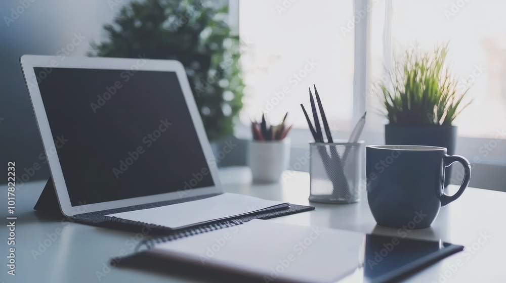 A modern workspace featuring a laptop, notebooks, plants, and a coffee mug, ideal for productivity and creativity. A modern workspace featuring a laptop, notebooks, plants, and a coffee mug, ideal for productivity and creativity.