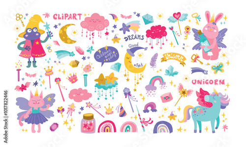 Chidrens magic animals set. Big collection with fairytale characters, fairy cat, unicorn
