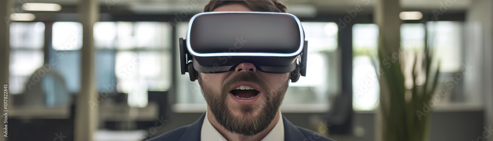 A man wearing a VR headset, engaged in virtual reality experience in an office setting. A man wearing a VR headset, engaged in virtual reality experience in an office setting.
