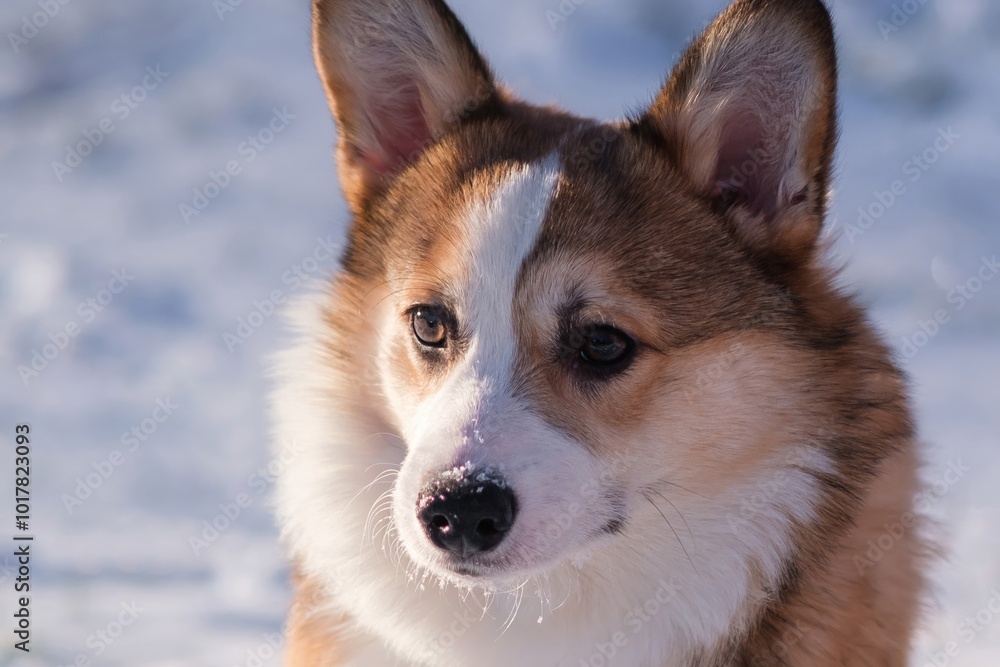 Small Pembroke Welsh Corgi puppy walks in the snow on a sunny winter day. Close-up, looking to the side. Happy little dog. Concept of care, animal life, health, show, dog breed Small Pembroke Welsh Corgi puppy walks in the snow on a sunny winter day. Close-up, looking to the side. Happy little dog. Concept of care, animal life, health, show, dog breed