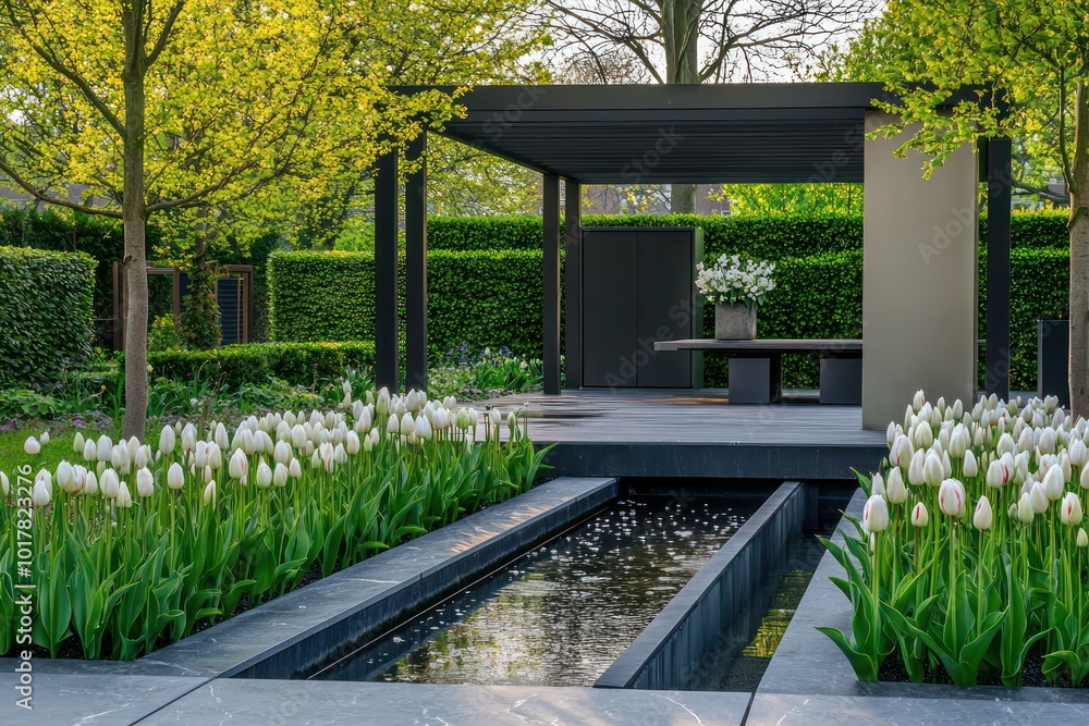 Minimalist pergola in a Dutch garden accented with tulips and sleek water features.