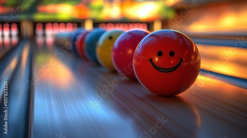 Row of bowling balls with a smiling ball in the middle. ball is red. bowling ball with other bowling balls on a bowling ball rack, multi color, one of the bowling balls have a smile for the third hole photo