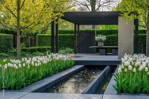 Obraz na płótnie Minimalist pergola in a Dutch garden accented with tulips and sleek water features. w salonie