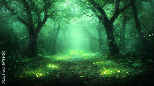 serene forest path illuminated by glowing fireflies creates magical atmosphere. lush greenery and soft light evoke sense of tranquility and wonder