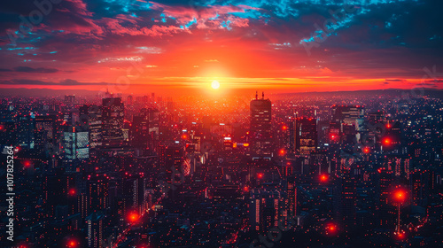 Wallpaper Mural Vibrant Urban Sunset with Social Network Connective Dots in a Modern Metropolis Torontodigital.ca