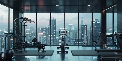 Fitness center with panoramic windows, Urban gym with floor-to-ceiling windows, Skyline view exercise space 