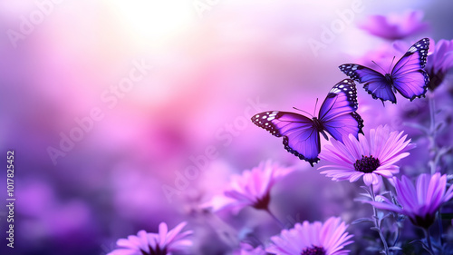 serene scene featuring two purple butterflies gracefully perched on vibrant flowers, surrounded by dreamy, soft focus background. colors evoke sense of tranquility and beauty