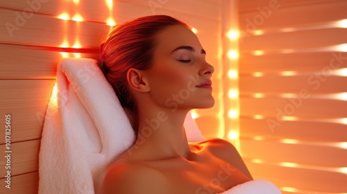 Woman in modern infrared sauna Infrared saunas are a newer wellness trend with unique health benefits, making this a keyword with growing potential. photo