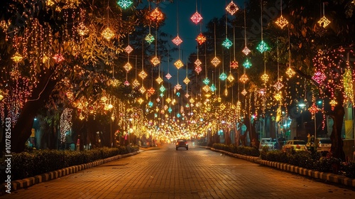 Diwali Street Decoration With Vibrant Lights Illuminating The Night generative ai photo