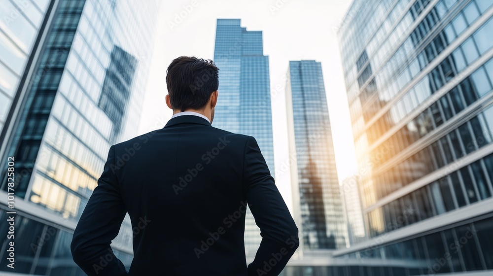 Businessman Gazing at Skyscrapers in Urban Setting Businessman Gazing at Skyscrapers in Urban Setting