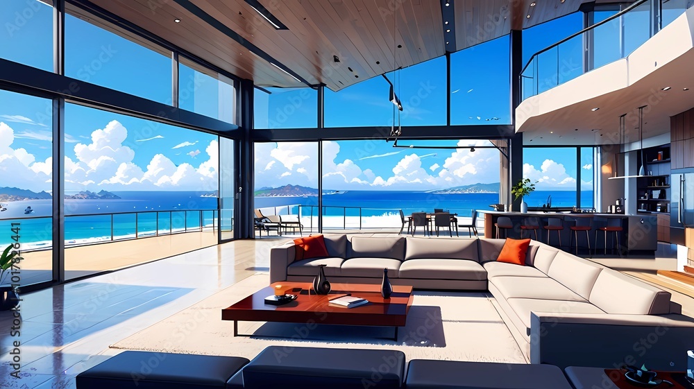 Fototapeta premium Luxury oceanfront property with sleek, modern architecture. Expansive windows offer panoramic coastal views, while minimalist furniture and decor create a serene, elegant living space
