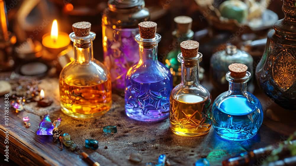 A collection of glass bottles filled with colorful liquids sits on a wooden table, surrounded by candles and other magical items A collection of glass bottles filled with colorful liquids sits on a wooden table, surrounded by candles and other magical items