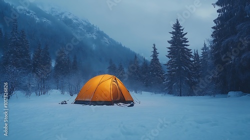 A lone tent glows with warm light in a snowy, silent winter forest, mountains in the background.