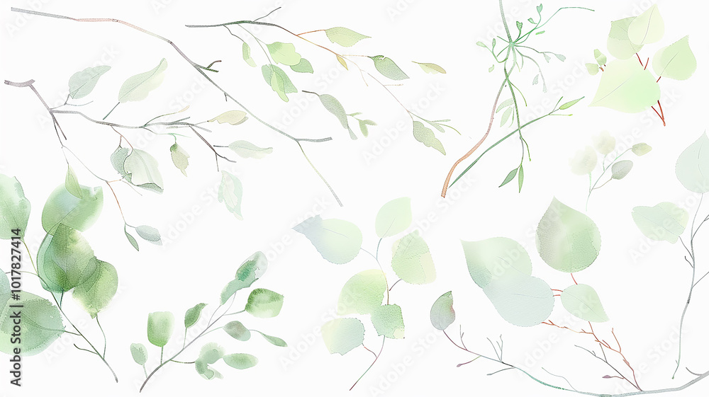 set of green watercolor branches and leaves, delicate art collection of fresh spring branches set of green watercolor branches and leaves, delicate art collection of fresh spring branches