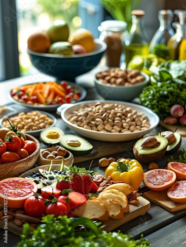 A variety of healthy foods including fruits, vegetables, and nuts create a vibrant display on a wooden table for a communal feast. Generative AI