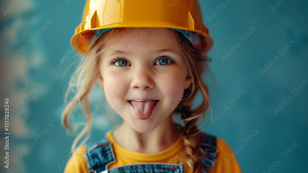 child girl in a construction helmet shows her tongue and teases, the concept of reconstruction renovation in an apartment child girl in a construction helmet shows her tongue and teases, the concept of reconstruction renovation in an apartment