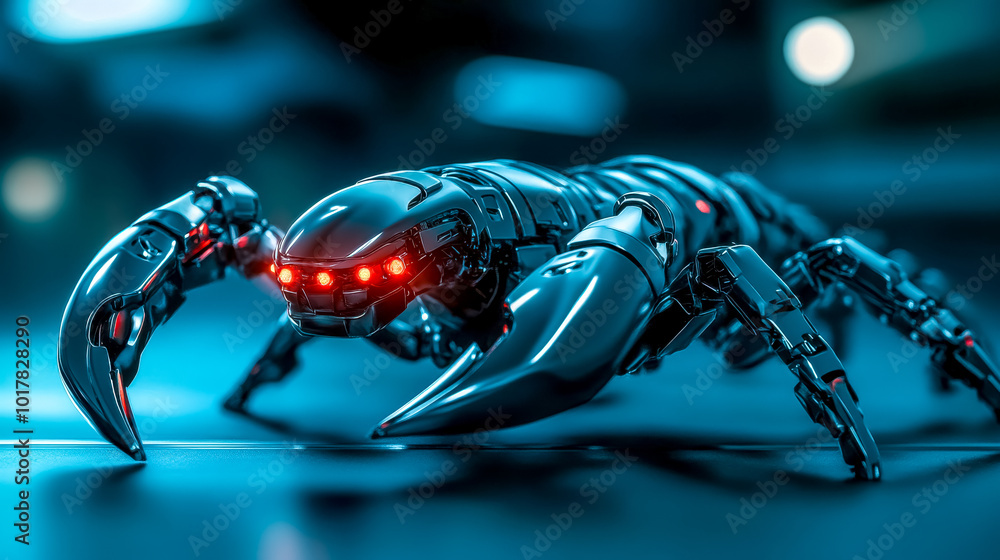 Metallic scorpion robot standing on metal surface with glowing red eyes Metallic scorpion robot standing on metal surface with glowing red eyes