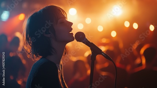 A vibrant young woman singing passionately into a microphone on stage, with dramatic lighting and a crowd of blurred audience members in the background