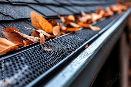 Close-up of a house gutter with a mesh guard, partially covered with autumn leaves, on a rainy day with the roof shingles visible in the background.