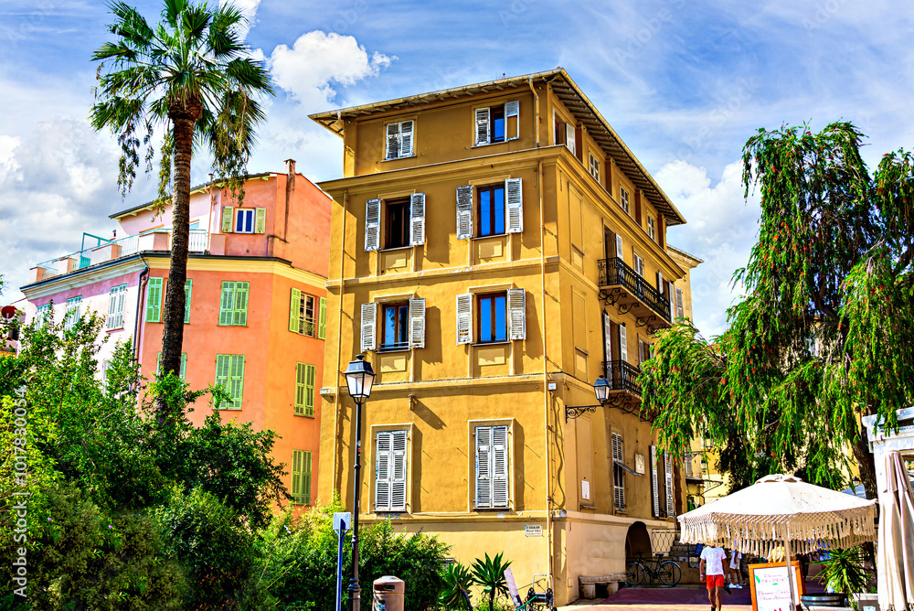 Fototapeta premium Colorful streets of the historic center of the city of Menton on the French Riviera, Cote d'Azur, France