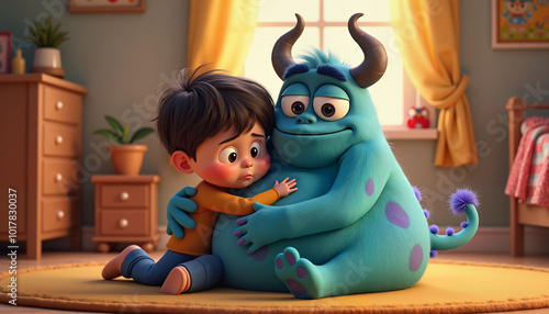 Boy and Friendly Monster Hugging Tenderly in Cozy Cartoon Bedroom