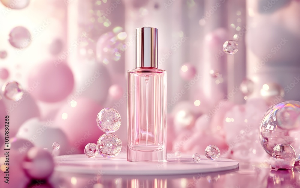 A pink perfume bottle surrounded by bubbles and soft pastel elements, creating a dreamy, elegant atmosphere. A pink perfume bottle surrounded by bubbles and soft pastel elements, creating a dreamy, elegant atmosphere.
