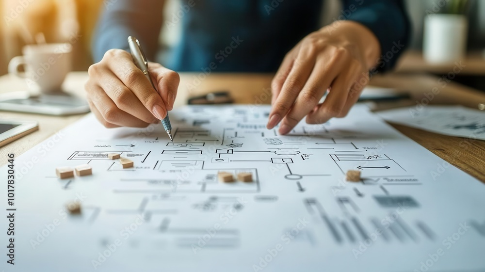 Close-up of hands organizing a strategic planning flowchart, arrows and key objectives visible, photorealistic decision-making process Close-up of hands organizing a strategic planning flowchart, arrows and key objectives visible, photorealistic decision-making process
