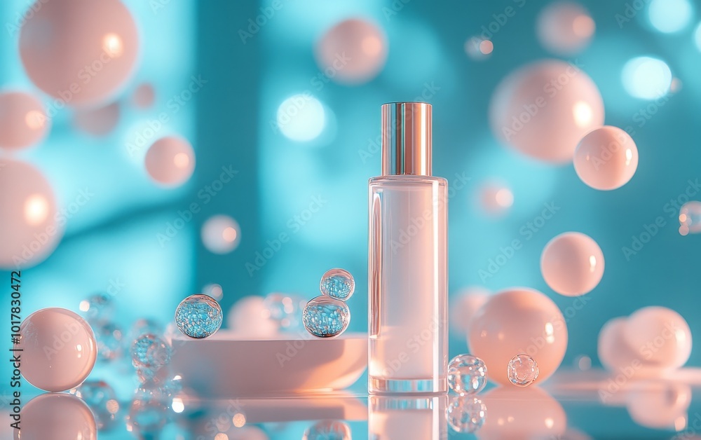 A minimalist display featuring a clear bottle and decorative bubbles, suggesting beauty or skincare themes. A minimalist display featuring a clear bottle and decorative bubbles, suggesting beauty or skincare themes.