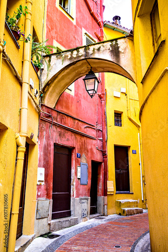 Colorful streets of the historic center of the city of Menton on the French Riviera, Cote d'Azur, France