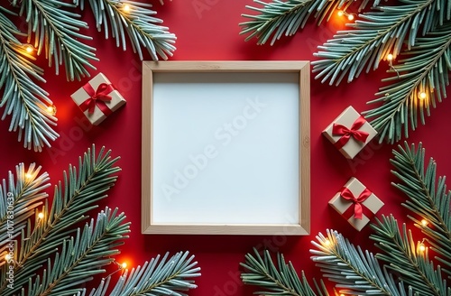 wooden photogram mock up with Christmas decorations with empty space for you design. Christmas mockup. photogram with copy space on red background. 