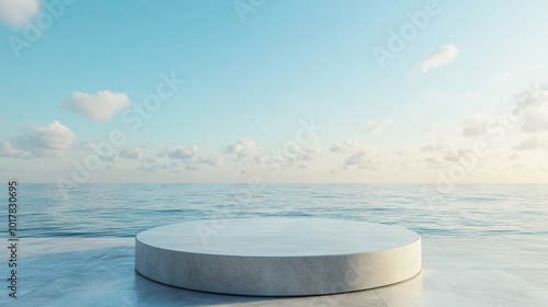 A clean, minimalist podium against a peaceful backdrop of a calm sea and sky, ideal for presentations with a natural, tranquil vibe