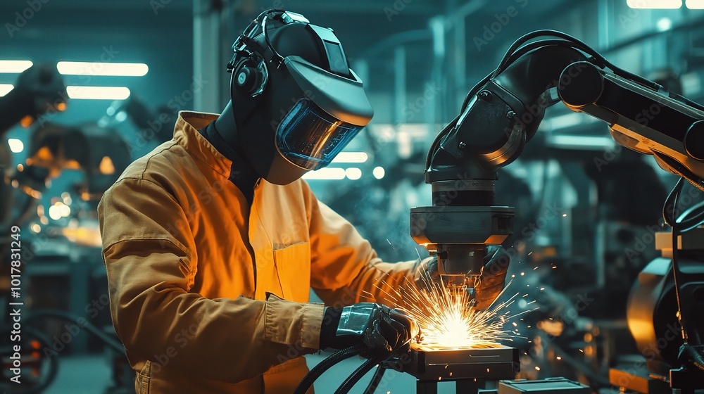 Industrial Worker with Robotic Arm at Workbench Industrial Worker with Robotic Arm at Workbench