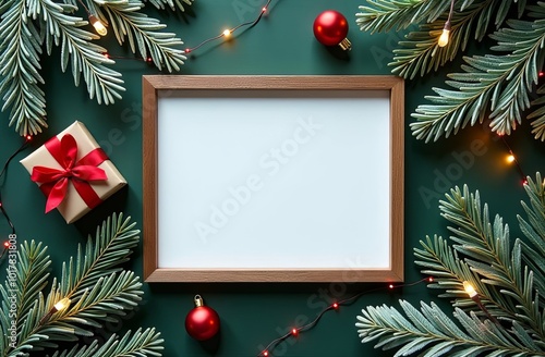 wooden photogram mock up with Christmas decorations with empty space for you design. Christmas mockup. photogram with copy space on green background. 