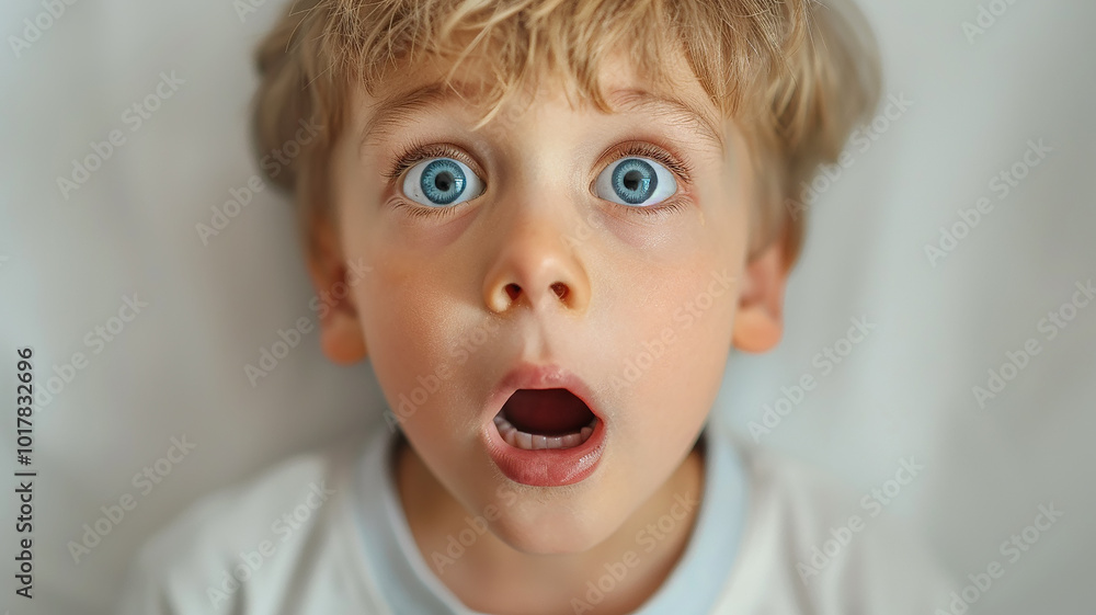 A surprised child, a five-year-old boy with an open mouth and big eyes portrait A surprised child, a five-year-old boy with an open mouth and big eyes portrait
