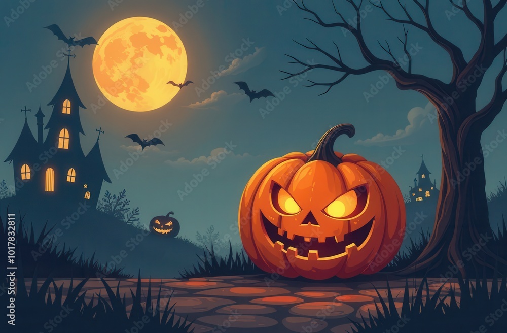 Happy Halloween banner. Scary pumpkin, spooky house, bats and moon. dark background Happy Halloween banner. Scary pumpkin, spooky house, bats and moon. dark background